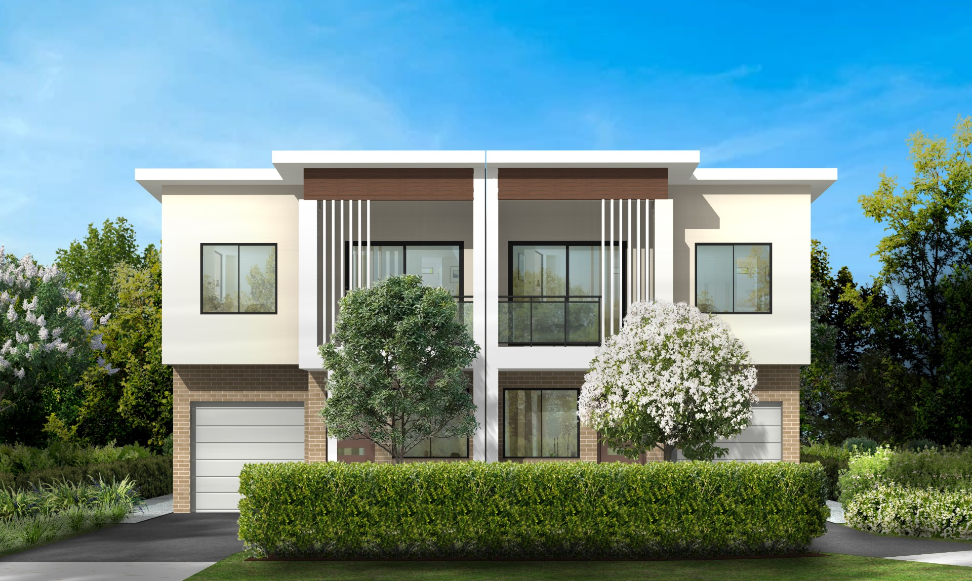 Architectural render of a Signature home pair showing two-storey brick and render facades with timber accents and manicured hedges